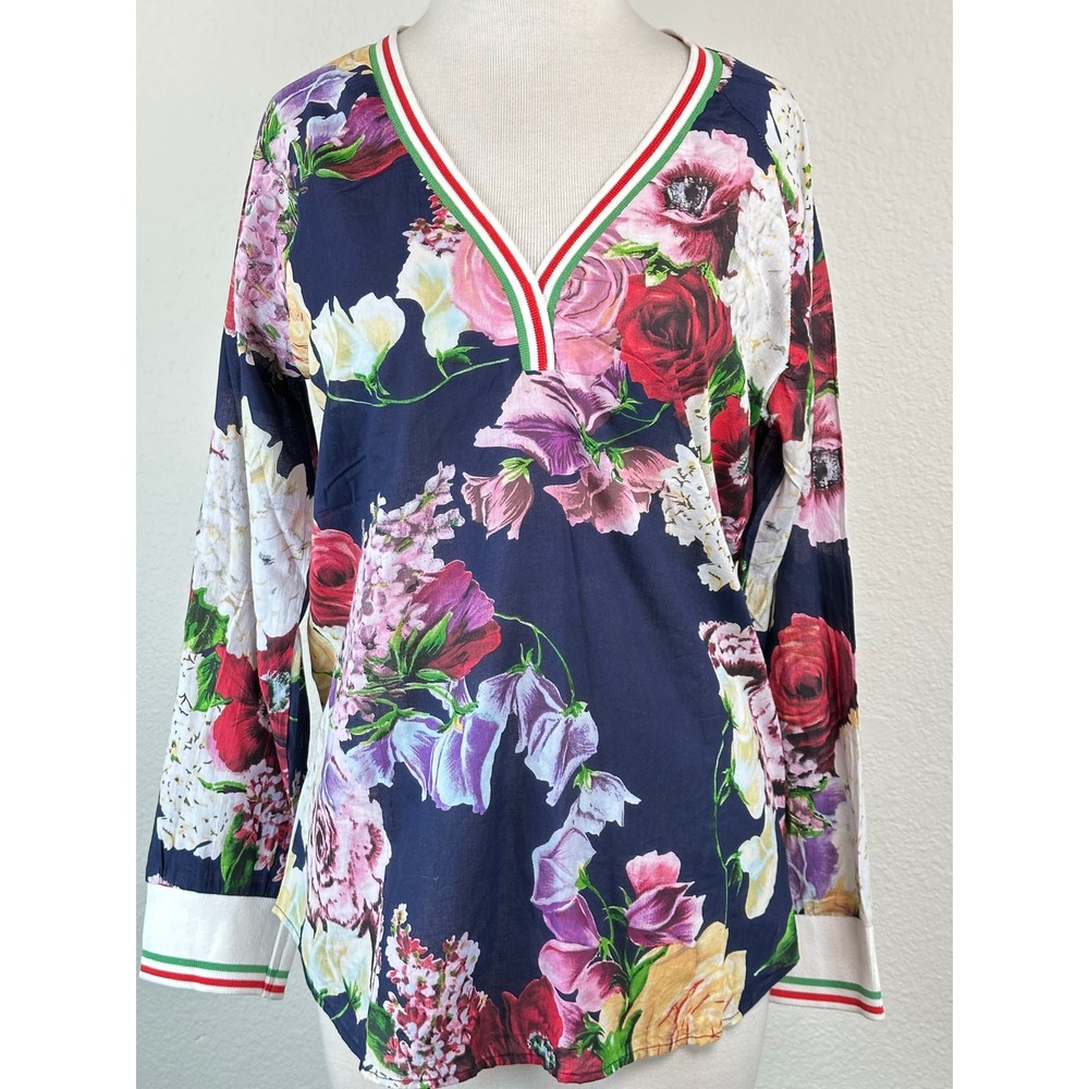 Magazine Floral V Neck Tunic Blouse Medium NWT 100% Cotton Lightweight Boho